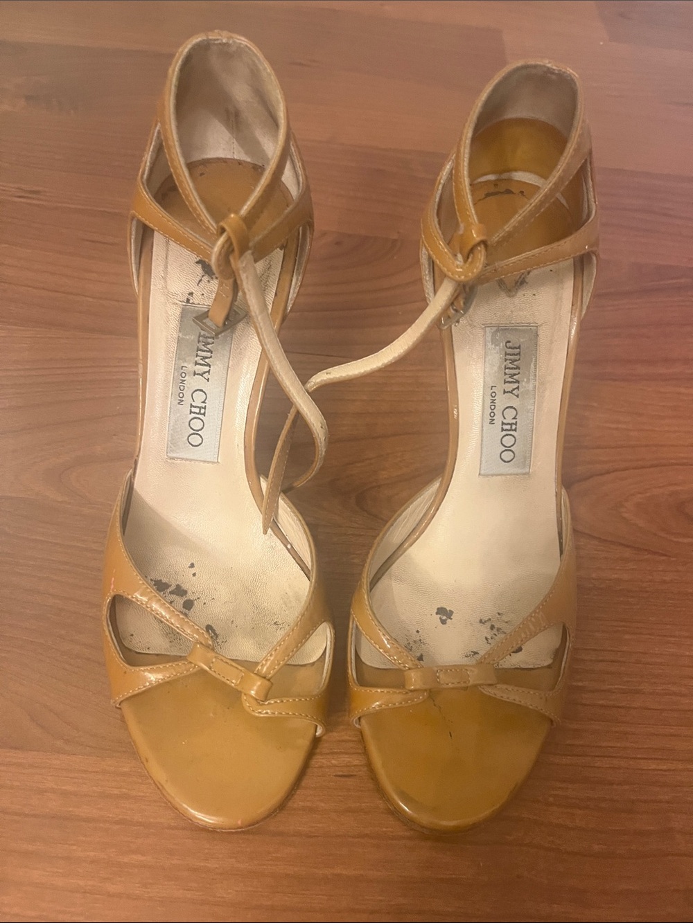 Vintage Jimmy Choo Mustard-Tan Leather Open-Toe Ankle-Strap Heels